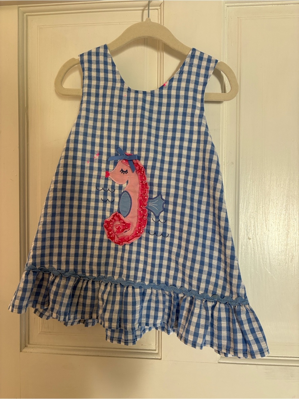 Nannette Blue Gingham Dress with Pink Seahorse Appliqué